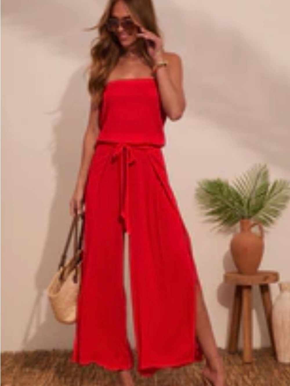 Vici Coasting Bay Strapless Tie-Waist Jumpsuit in Red